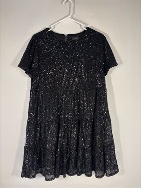 Lulus Black Sequin Tiered Babydoll Dress Party Cocktail Size Large